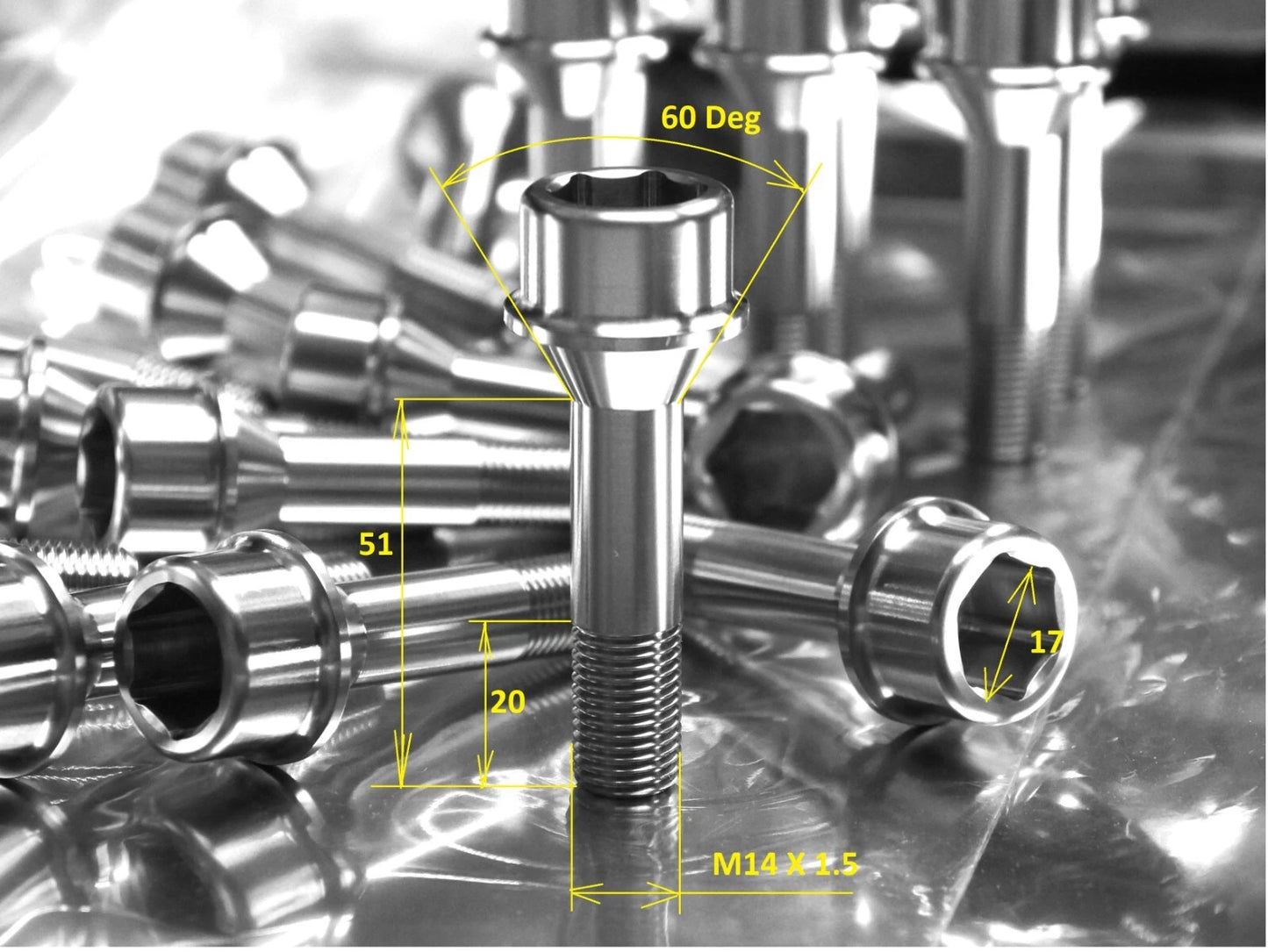 20x Ferrari Titanium Lug Bolts 52 mm 17 mm inner HEX 14x1.5 Set